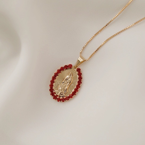 Virgin Mary Ruby Necklace | 18k Gold Filled - Picture 6 of 8